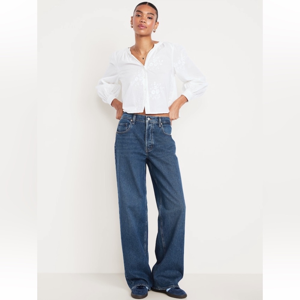 Old Navy Women's Wide-Leg Mid-Rise Jeans in Dark Blue Denim